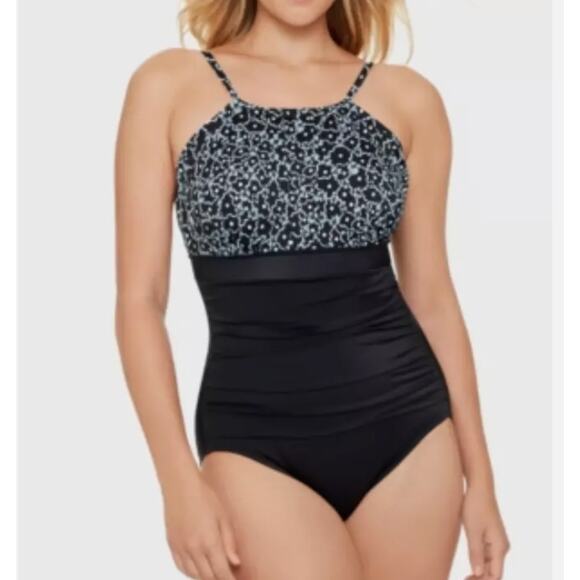 Swim Solutions Tummy Control High Neck One Piece Swimsuit Black Size 14 NWT - Picture 1 of 3